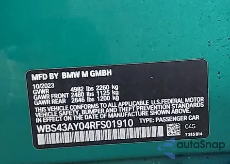 2024 BMW M3 Competition xDrive из США, поврежденный, VIN WBS43AY04RFS01910